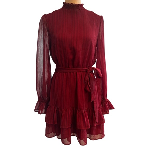 A. Calin Flying Tomato Maroon Long Sheer Sleeve Striped Ruffle Dress Medium - Picture 1 of 12